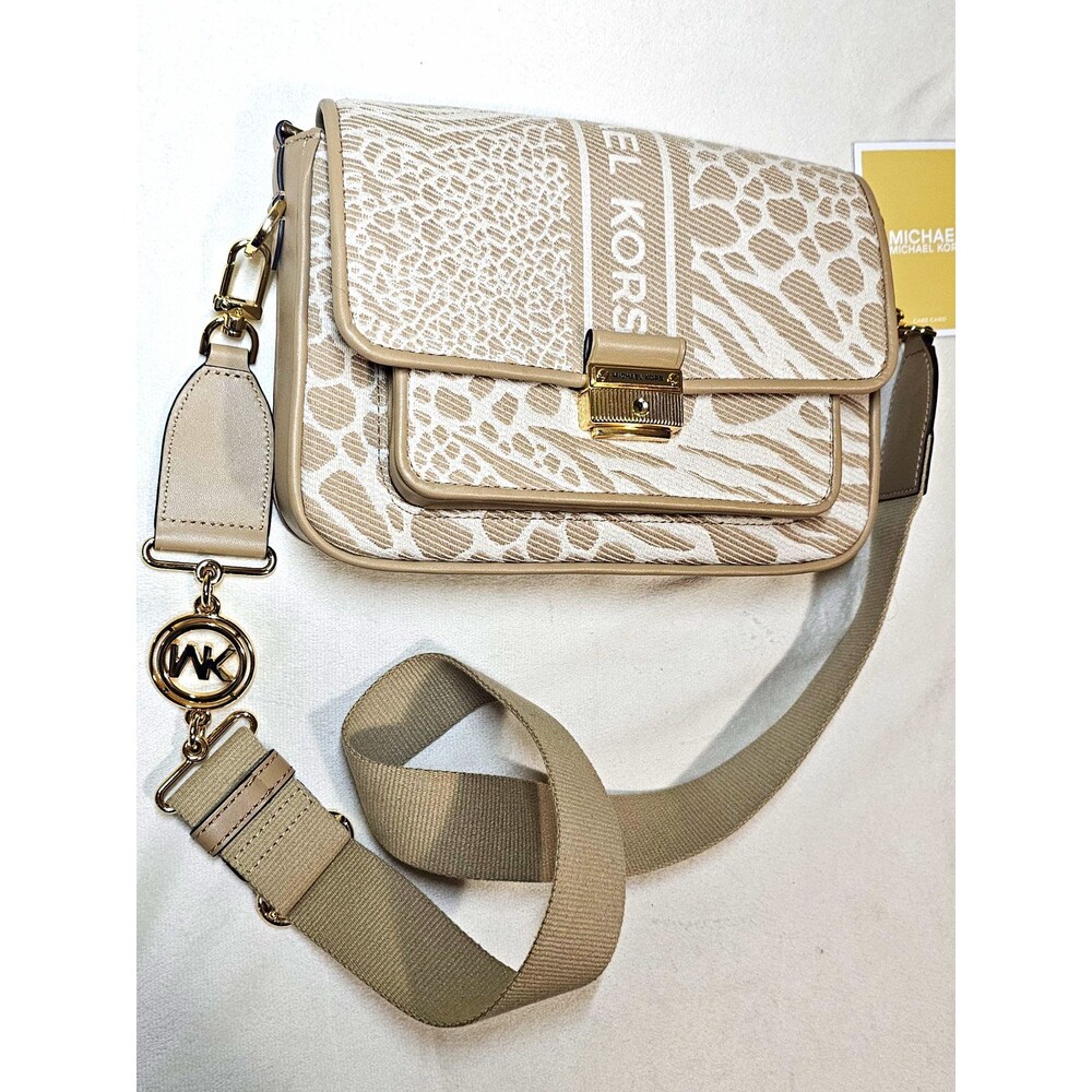 Michael Kors Bradshaw Medium Mixed Animal Jacquard Messenger Crossbody Camel